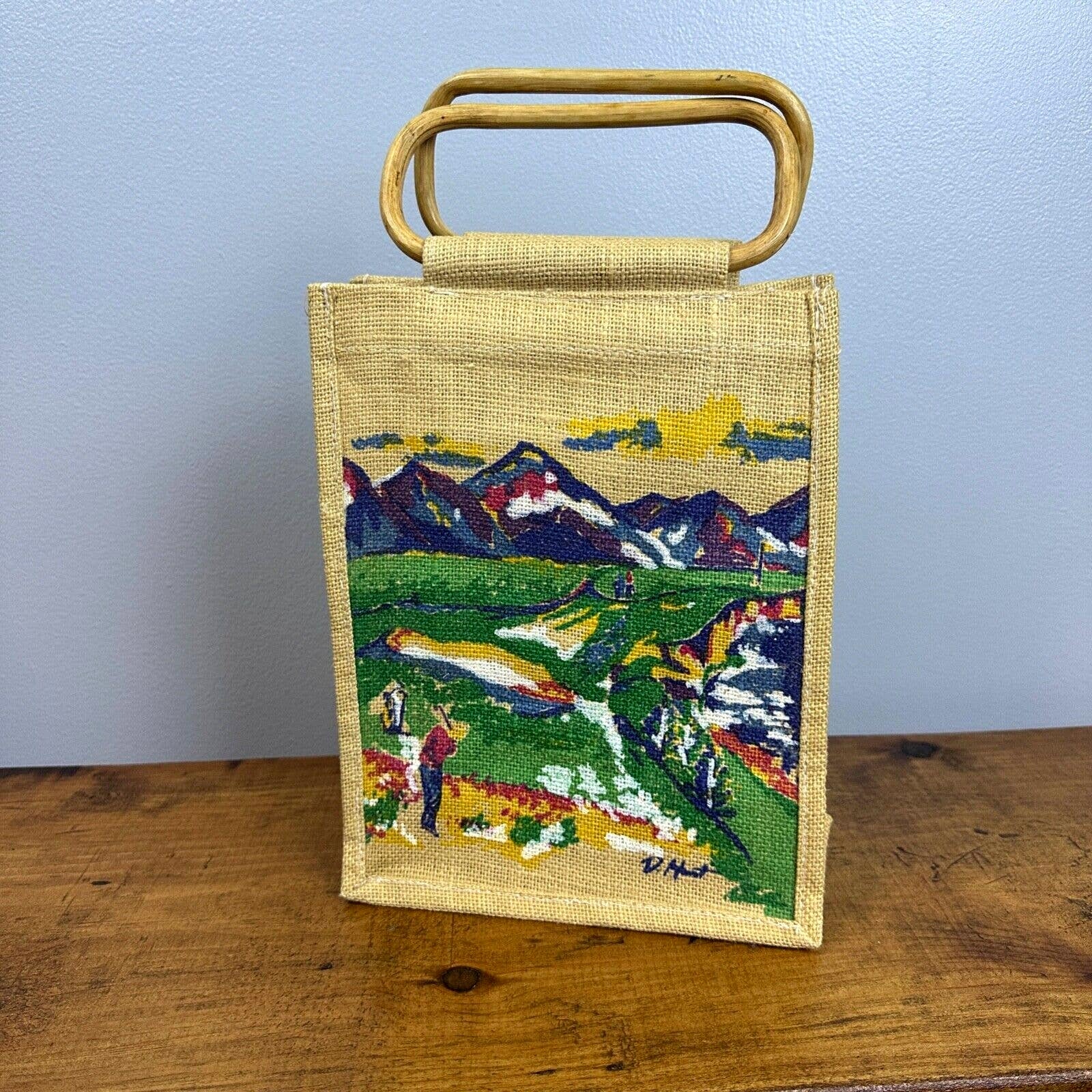 Mural Painted Canvas Tan Green Art Design Tote Purse With Wooden Handles